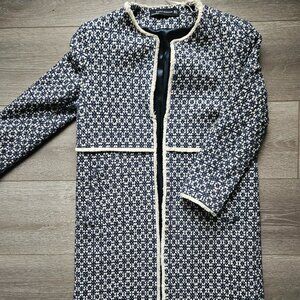Zara women's blue and cream patterned long coat size small